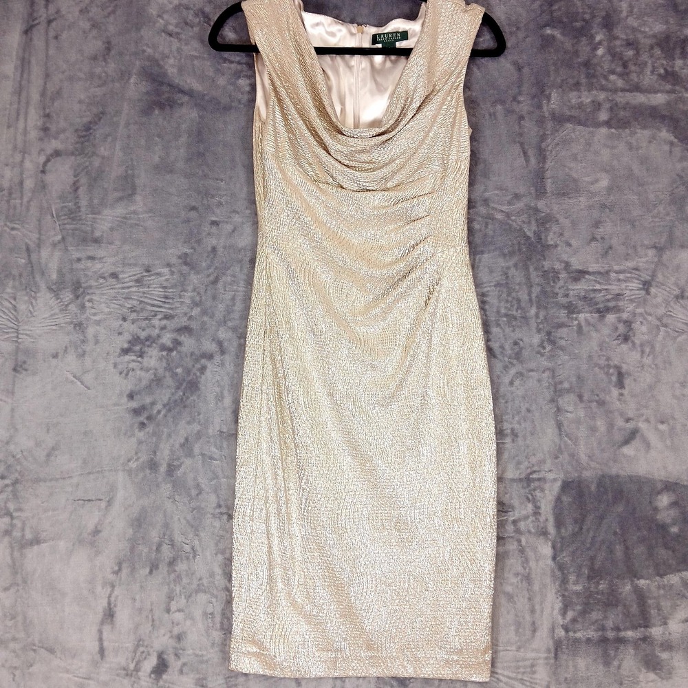 Lauren Ralph Lauren Dress Womens 4 Gold Metallic Cowl Neck Sheath Cocktail‎